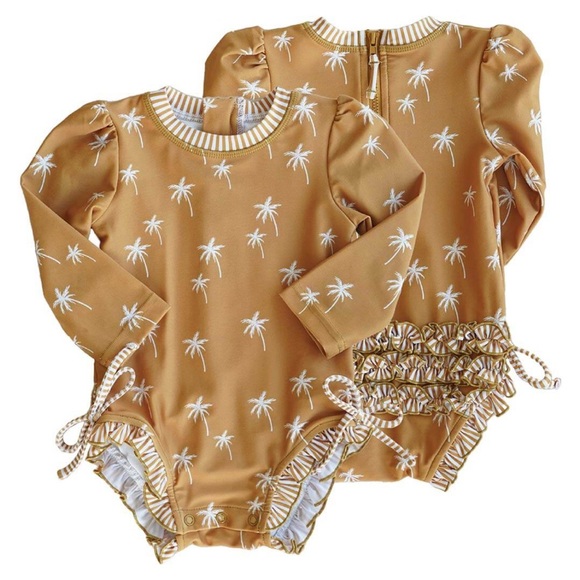 Caden Lane NWT Baby Girl Long Sleeve Rash Guard with Ruffle Bottom Bathing Suit - Picture 1 of 11